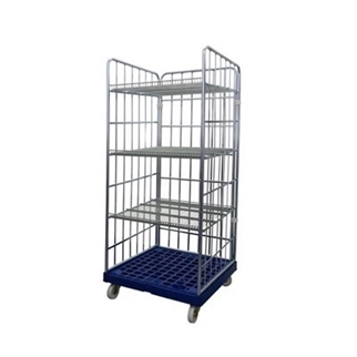 Rullecontainer til butik - 3 hylder m. 25 mm hyldekant - rød bund, 724x815x1800 mm